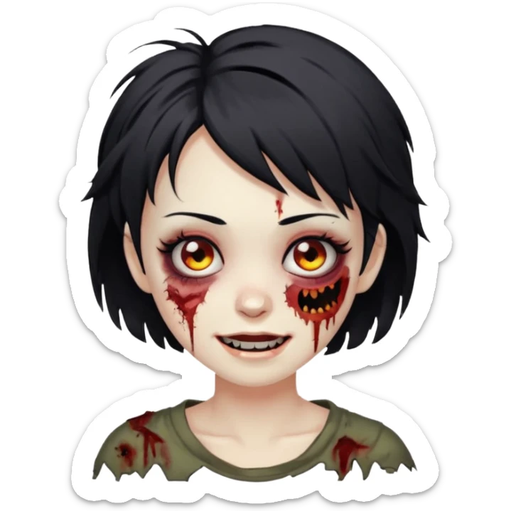 Zombie girl with messy black short hair with lashes and torn cheek and smiling face sticker