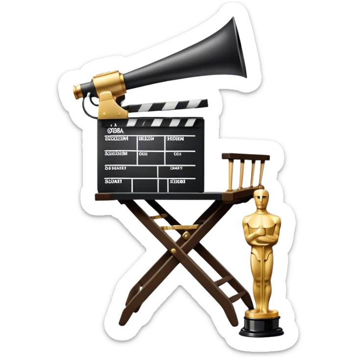 Icon for Directing: a director's chair, a film slate, a megaphone, a stage set with lights, and an Oscar statuette. The icon should represent the creative and leadership aspects of directing, with focus on film and theater production. Transparent background. sticker