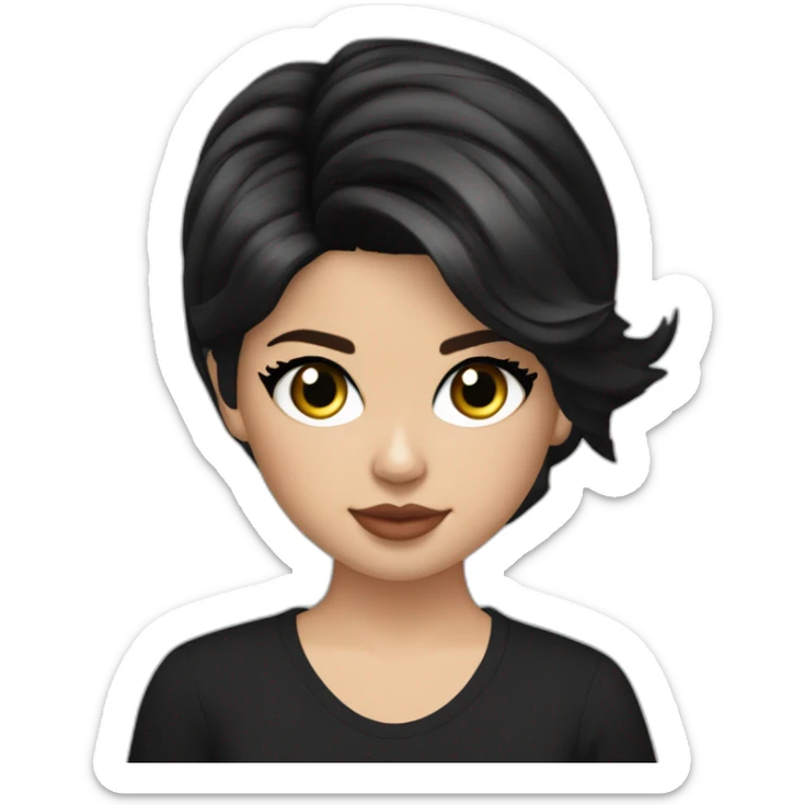 Selena gomez, con cabello corto a los hombros, algo ondulado, con anteojos de marco negro y ojos delinedos en negro en el párpado  sticker