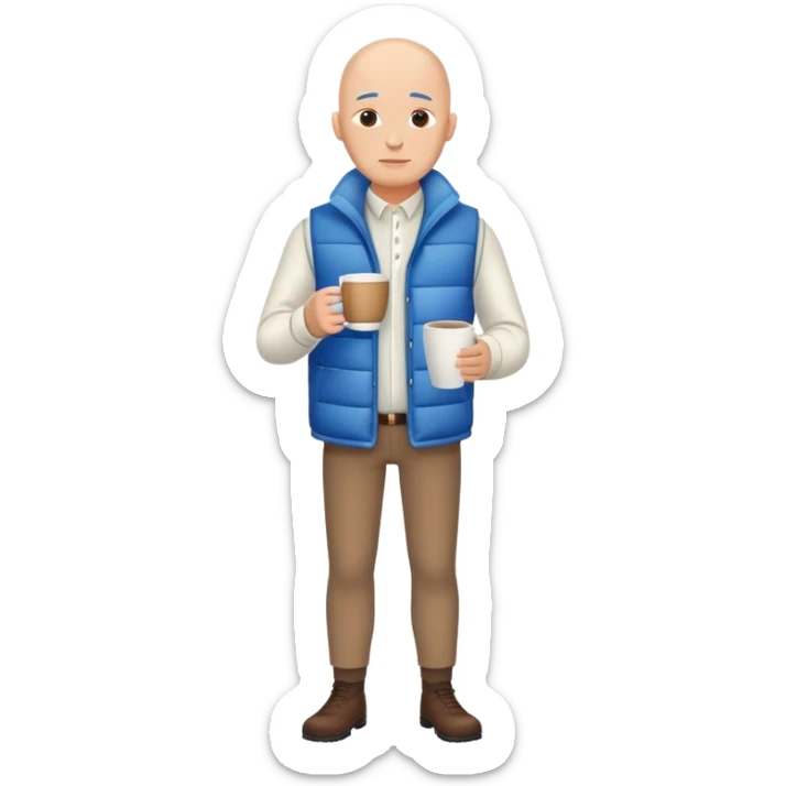 full body bald man wearing long sleeve white shirt with blue puffy winter vest holding a cup of coffee in front of him and nothing in his other hand sticker
