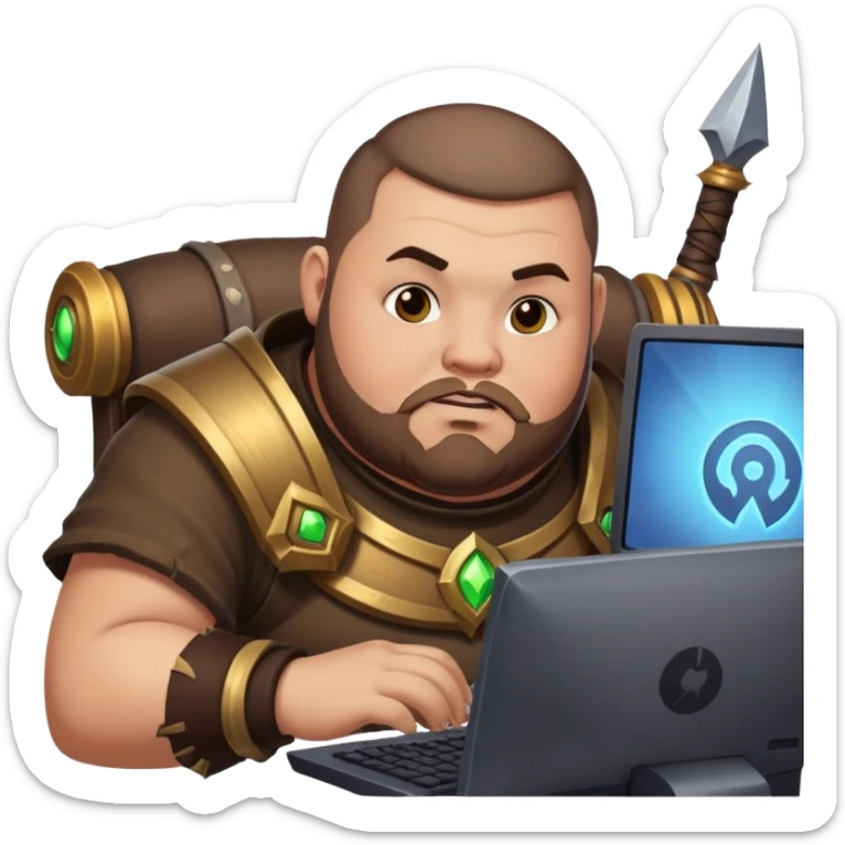 buzz cut brown hair bearded man that is chubby playing world of warcraft game on pc sticker