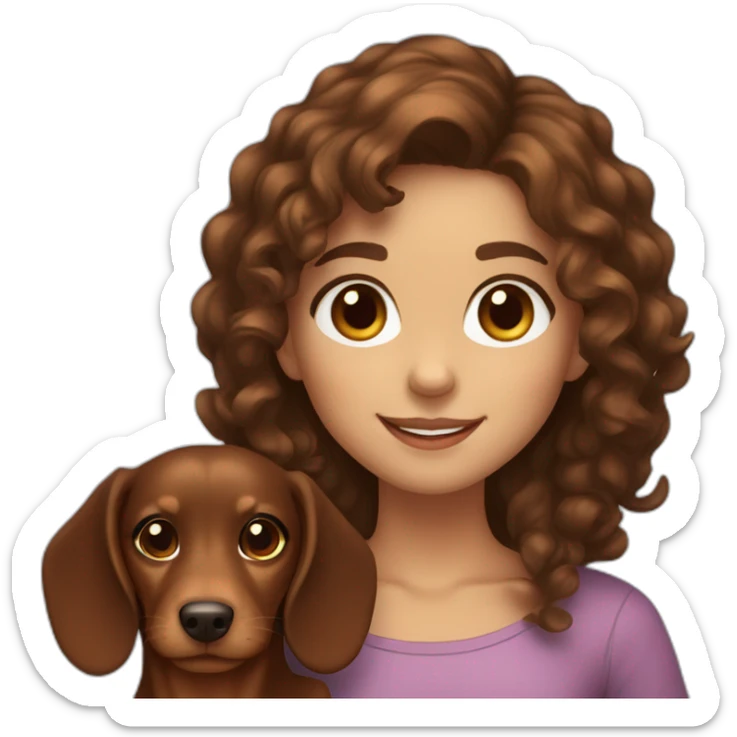 Girl long curly brown hair smiling and brown eyes and holding a dachshund  in her arms sticker