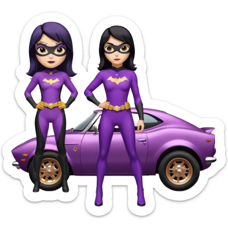 Relaxed adult 60’s Batgirl themed Satin black and rose gold colored Scion FR-S hot rod off road capable (tight fitting purple suit with black hair on her) sticker