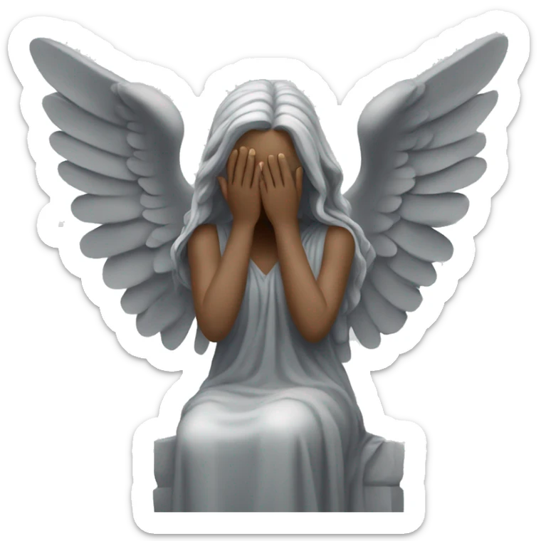 gray statue of angel in long dress with wings. Her hands are covering her eyes like she's crying sticker