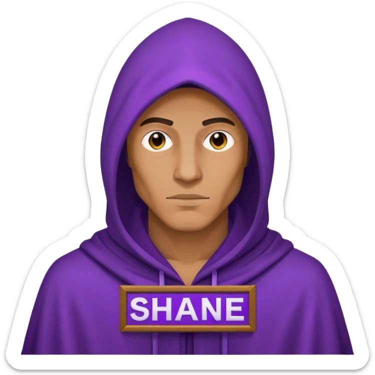A mysterious hooded man shows a purple plaque with the inscription Shane sticker