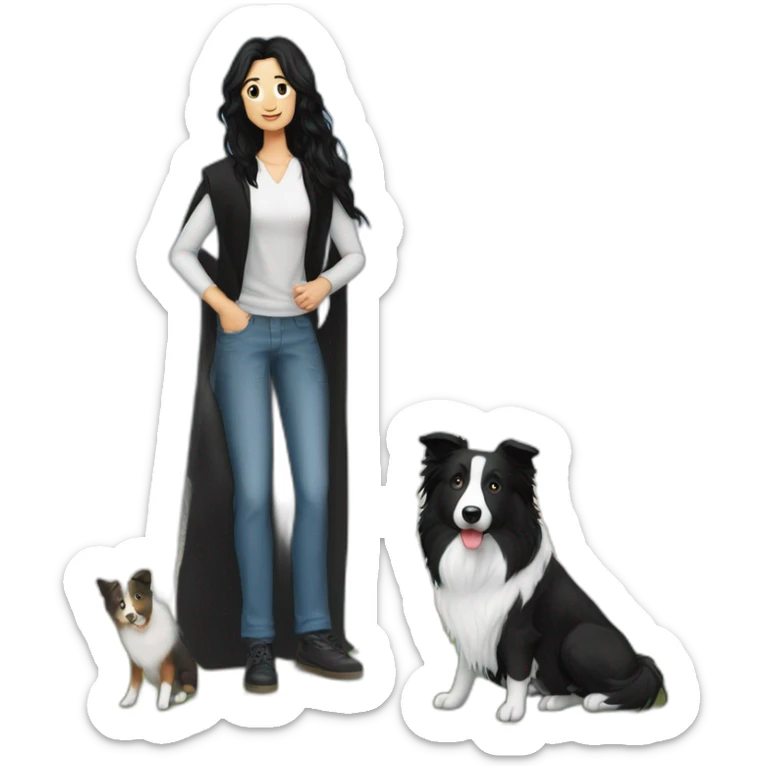 aa family photo a a family photo of a 30-year-old boy with very long black hair next to a black and white border collie sticker