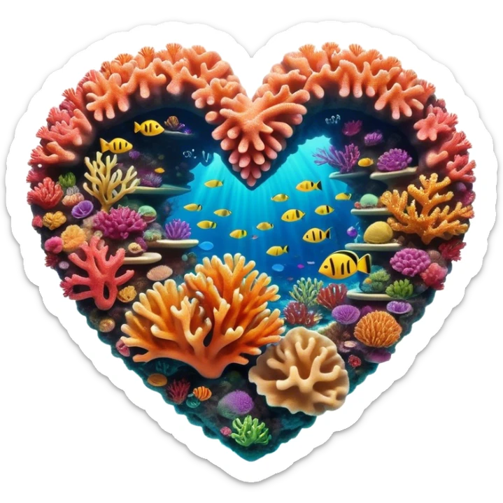 Cinematic Realistic Heart Reef Landscape Emoji, depicted with a naturally heart‚Äêshaped coral formation in vibrant marine hues, rendered with detailed underwater textures and luminous lighting. sticker