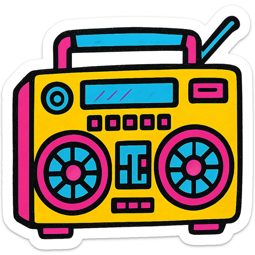 A boombox in Pop Colors style, vibrant and colorful, with a retro feel, bright neon colors, bold outlines, and a playful design sticker