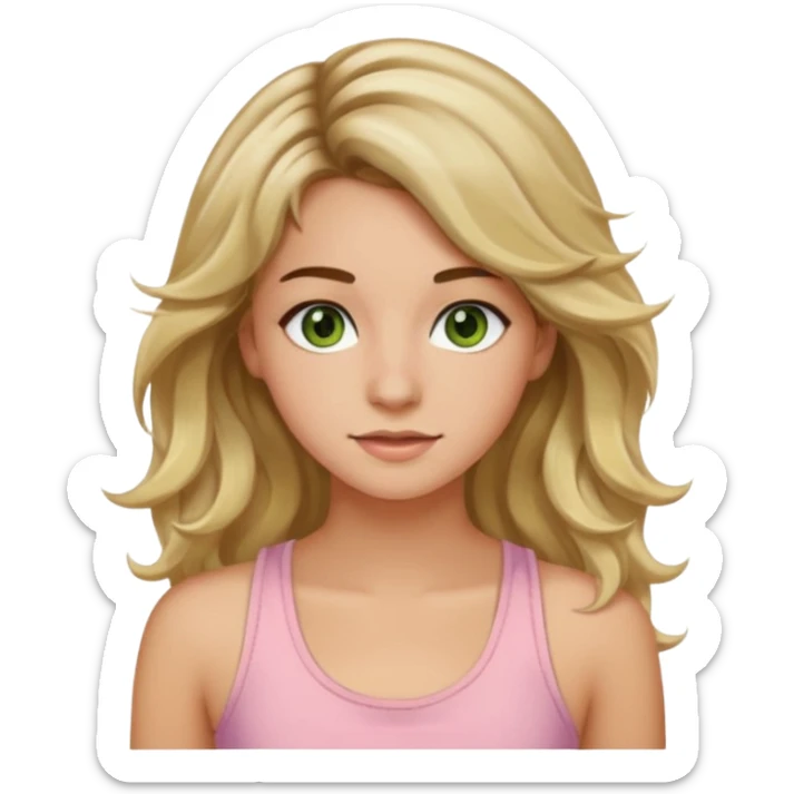 ca you make her hair a 20-year-old girl with long wavy hair brown roots blonde highlights green eyes brown eyebrows good summer tan iPhone emoji style with light pink tank top can you make her hair a little longer please sticker
