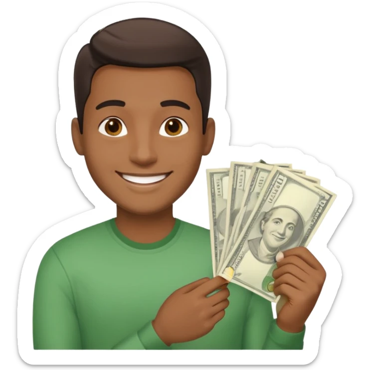 Create a photorealistic emoji of a happy man holding money. 4 different options sticker