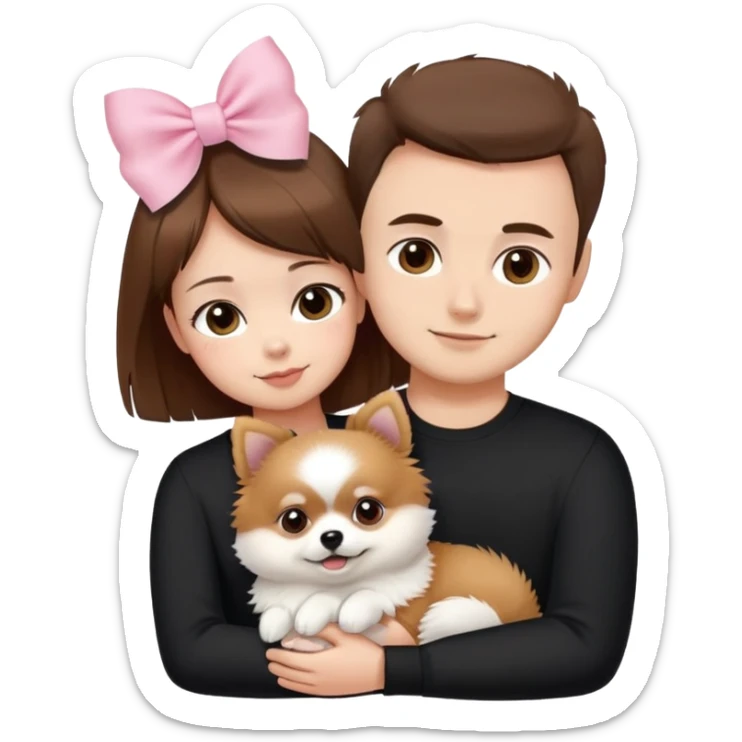 shorthair girl with black shirt  with husband brown hair brown eyes hugging white Pomeranian with light pink bow ponerania another pomerania red brown sticker