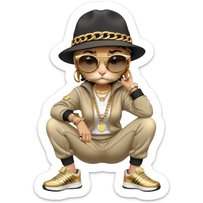 female cat wearing Run DMC hip-hop outfit with tracksuit, fedora, Adidas sneakers, dark sunglasses, many gold chains, rings, bracelets, flashy earrings, fallen down with distressed expression sticker