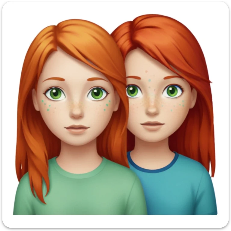 Deux filles celle à gauche à les cheveux roux et la peau claire avec des tâche de rousseur et les yeux bleu vert avec un peu de toutes les couleurs la fille à sa droite est un tout petit peu plus petite à les cheveux blonds long il les yeux verts sticker