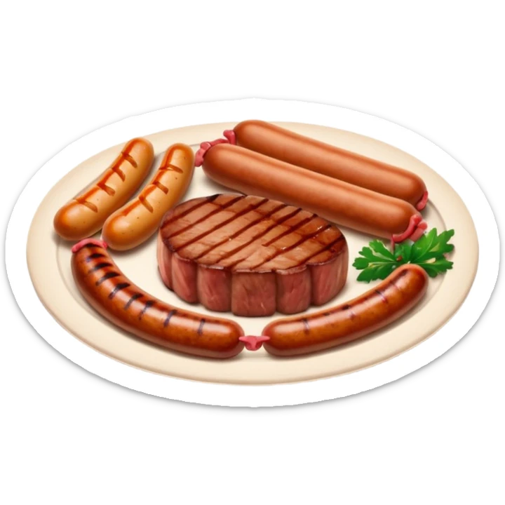 Meat dishes avatar in clean emoji-style illustration. Steak, roasted meat, and sausages, rich brown and red tones, simple shapes, flat design, hearty and appetizing. sticker