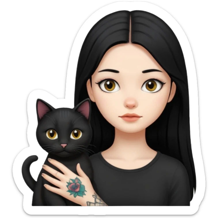 girl with long black  straight hair and small tattoo and a Black haired cat  sticker