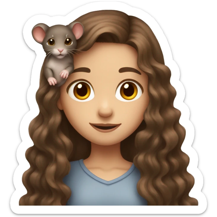 cute girl with long wavy brown hair holding a rat sticker