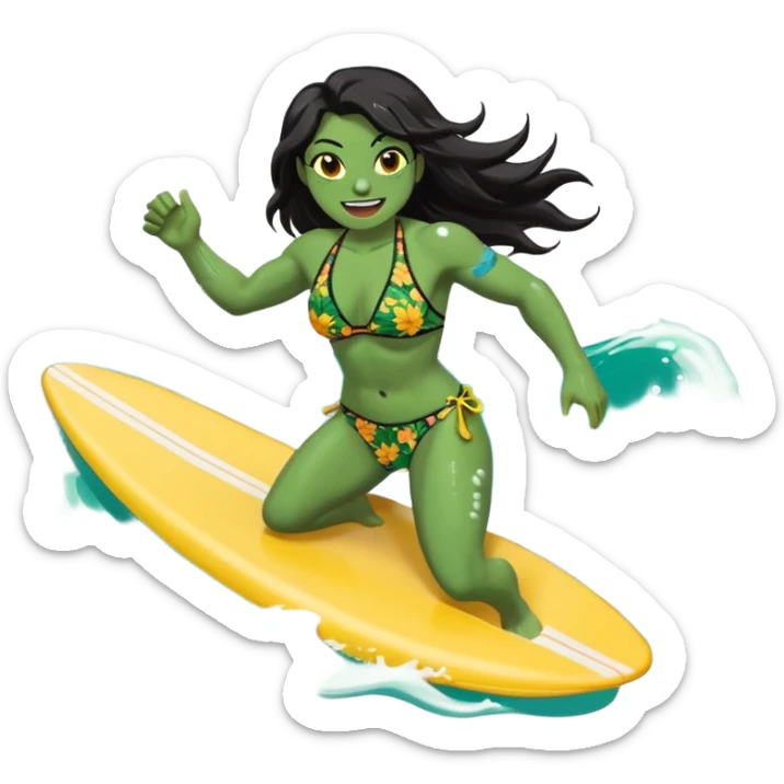 ork female holding small yellow bodyboard, running through shallow turquoise waves, muscular green body, bright floral bikini, fierce joyful grin showing tusks, long wet dark hair splashing, foam and spray, minimalist beach and ocean background, centered emoji, vibrant summer colors, sticker style sticker
