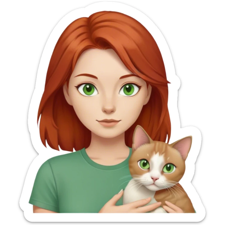 redhaired woman holding a siamese cat, greenish gray eyes, green t-shirt, layered hairstyle, 4k sticker