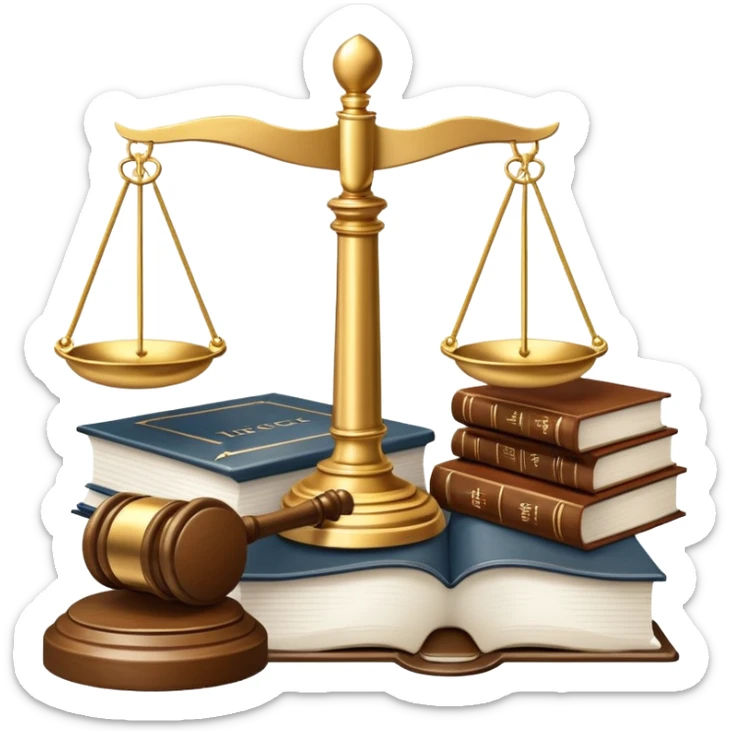 An icon featuring scales of justice, a gavel, and a legal book, symbolizing the study of law. The design includes courthouse pillars in the background, representing authority and legal systems. Transparent background highlights the principles of justice, order, and legal education. sticker