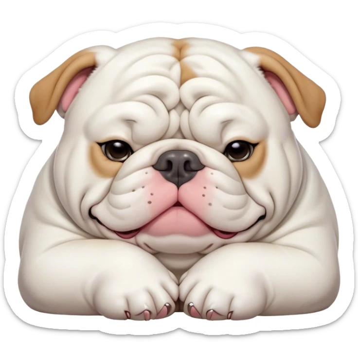 Cinematic Meme-Worthy Chubby Sleeping White English Bulldog Portrait Emoji, Head resting peacefully with a contented smile, showcasing a delightfully chubby build and a luxuriously soft pure white coat, eyes shut in a serene nap, Simplified yet hilariously adorable features, highly detailed, glowing with a soft, drowsy light, high shine, relaxed and utterly lovable, stylized with an air of playful laziness, bright and heartwarming, soft glowing outline, capturing the essence of a comically sleepy guardian, so meme-worthy it feels like it could instantly become the next viral sensation of adorable slumber! sticker