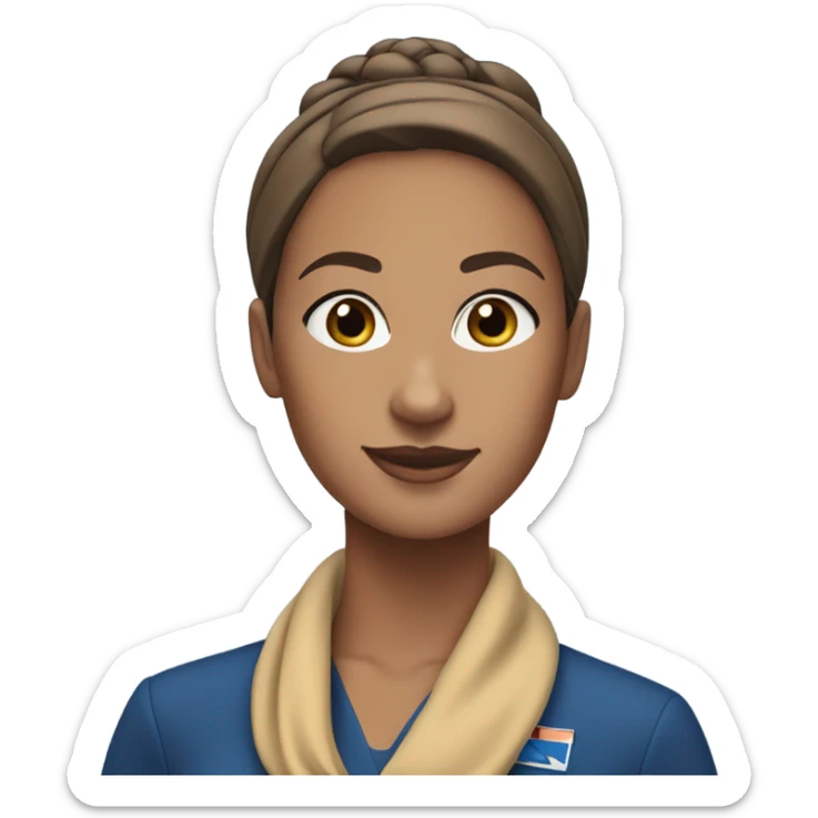 Brown tan skin flight attendant, brown hair in a bun, blue uniform, blue neck scarf sticker
