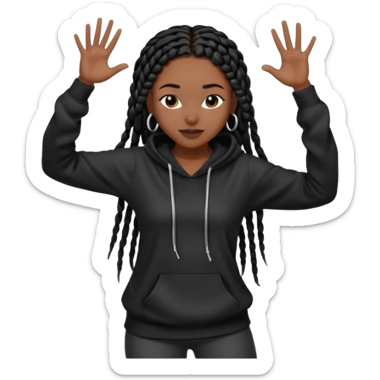 African American girl dark skin with long black box braids wearing plain black hoodie with hands dancing sticker