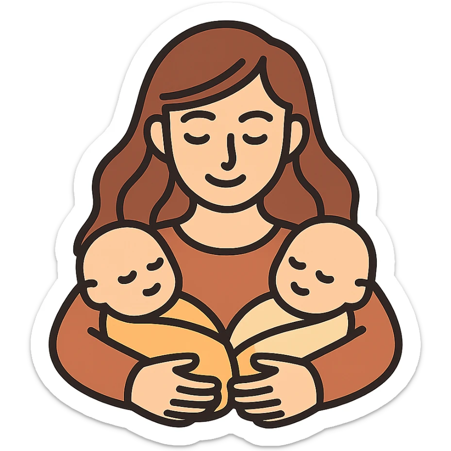 vector illustration of a mother in the style and appearance of the reference, hugging two babies, one on each arm, detailed and expressive, simple lines, soft shadows and highlights, complex shapes, light beige-brown color scheme, flowing hair, clear facial features, atmosphere of warmth and care sticker