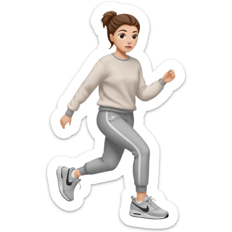 Chica blanca, pelo castaño recogido con pelos fuera, jersey de invierno y nike Nicki sticker