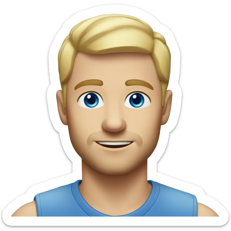 A head and shoulders shot of a 33 year old white man, with short blonde hair,   with blue eyes wearing a t-shirt. sticker