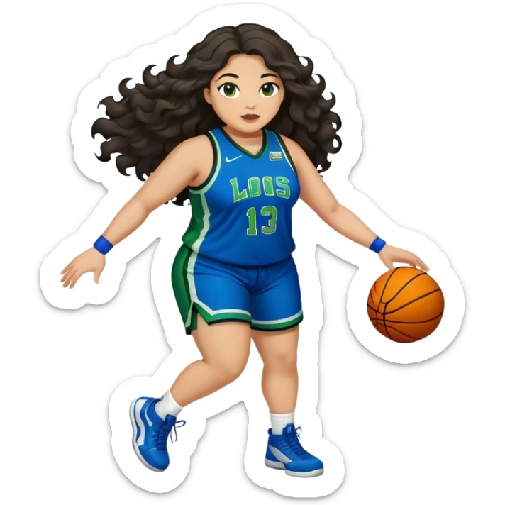 Full Body light skin Latino plus size women basketball player with long wavy dark hair  wearing blue and green uniform sticker