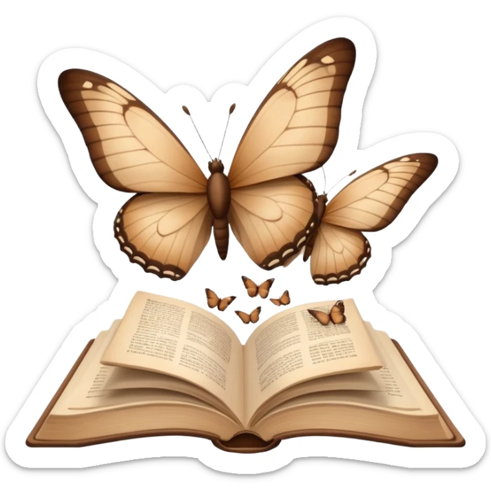 Beautiful brown butterflies fly out of an open beige book sticker