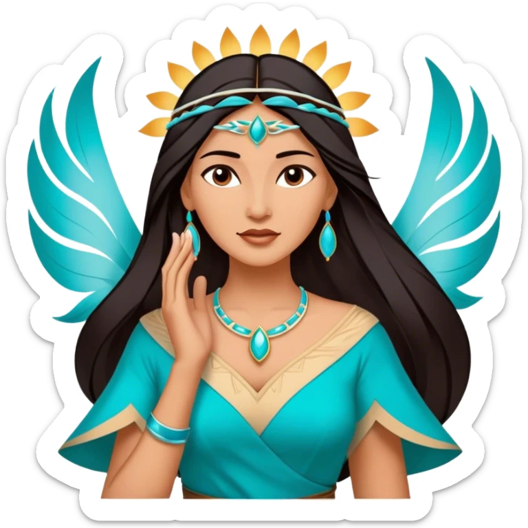 Cinematic Majestic Pocahontas Portrait Emoji, rendered in a clean, vector-style with bold shapes. Show Pocahontas with a serene, noble expression, radiant sun-kissed skin, and elegantly flowing dark hair, dressed in traditional garments with subtle turquoise accents. The design radiates a majestic, natural glow, high shine, and a soft glowing outline, capturing her regal beauty. sticker
