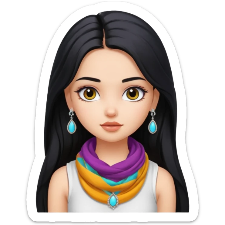 a pretty bratz girl with long black hair, kajal under eyes, small silver jhumkas. White tank top on. Colourful scarf around neck sticker