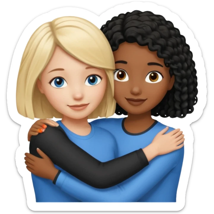 Girl best friends: one white girl with straight blond bob and blue eyes, one shorter black girl with long black curly hair, hugging sticker