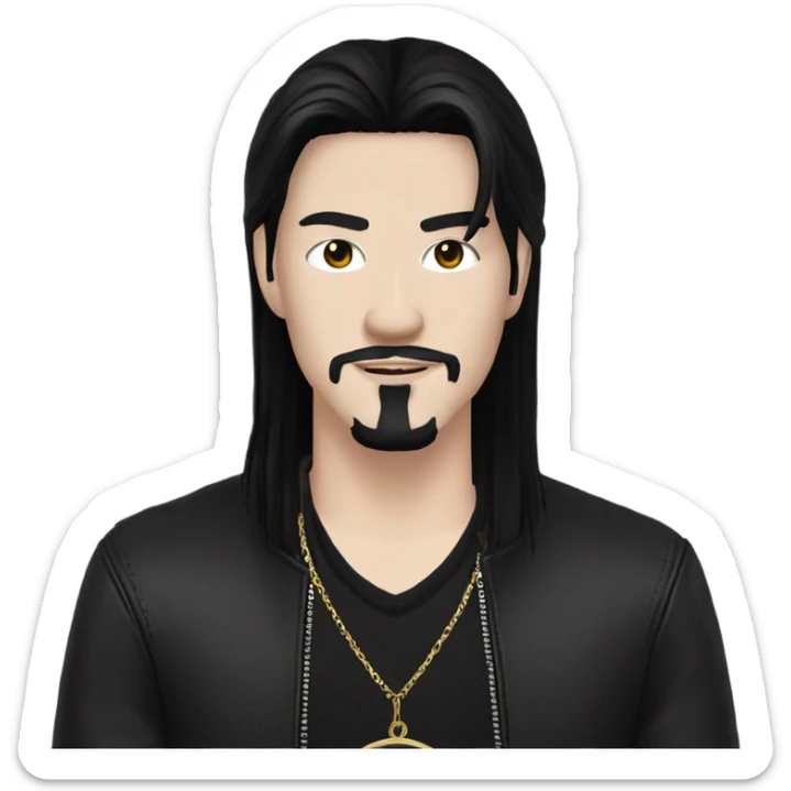 Chinese Man with pale skin, very long black hair, black goatee, square jawline, eyeliner, black leather jacket, black pants, black shirt and pentacle necklace sticker