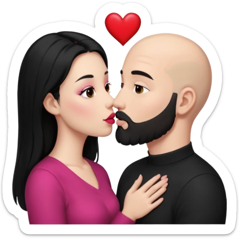 👩🏻‍❤️‍💋‍👨🏻 this one but the man should be bald. white woman with long black hair and white bald young man whoitiut hair and a heart between their heads. she has pink lips and both have brown eyes. he has e full beard but short. both wear black. they kiss slowly sticker