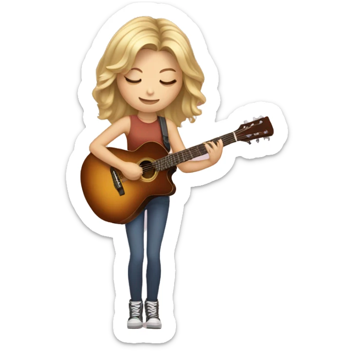 Blond teen girl with medium length hair, brown eyes, eyes closed holding guitar sticker