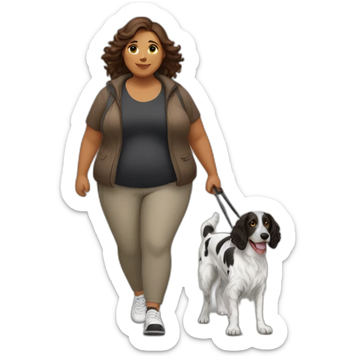 fat Woman with brown hair and english setter black white going for a Walk sticker