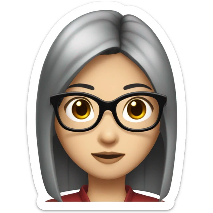 a asian girl with medium black staight hair and bayonetta glasses that us dark red sticker