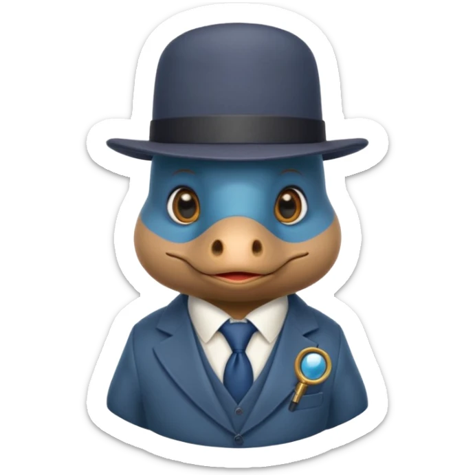 cute blue platypus with a detective hat and monocle on his eye, no  hands, looks like a platypus but blue, the hat and suit are not blue sticker