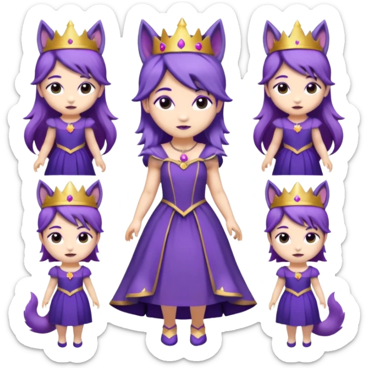 A collection of twelve chibi-style illustrations of a cute princess wearing a purple dress and crown with purple hair and purple wolf ears and purple wolf tail character. Each square shows the character doing different things against a white background And make a gap between each illusion sticker