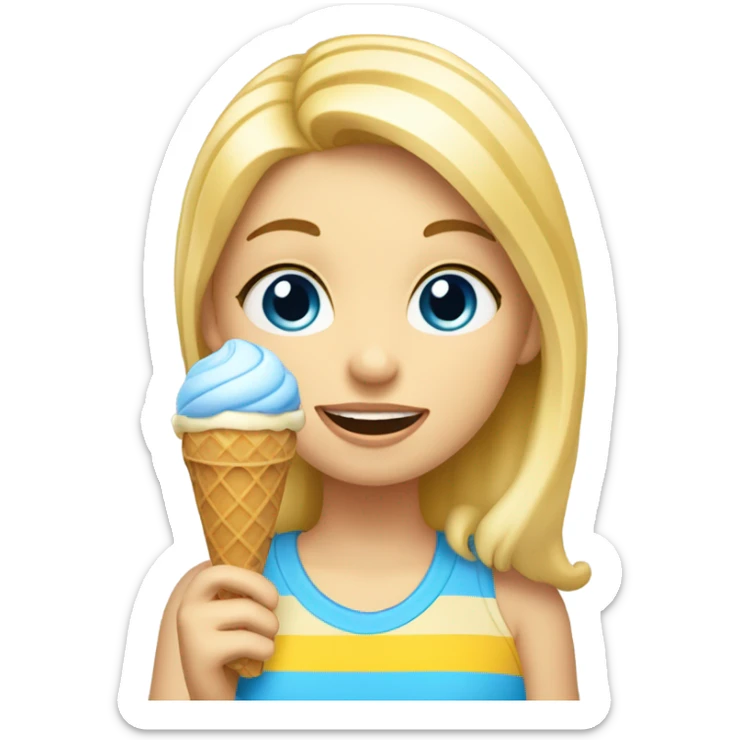 Girl with blonde hair, blue eyes, yellow striped shirt, holding vanilla ice cream cone sticker