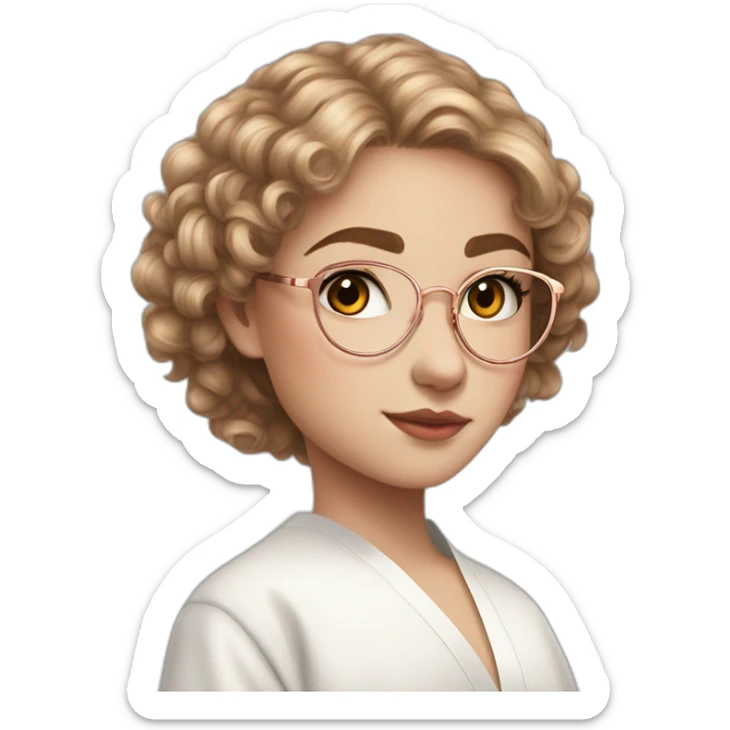 British teenage girl flax hair amber eyes rose gold round glasses white shirt black robe sticker