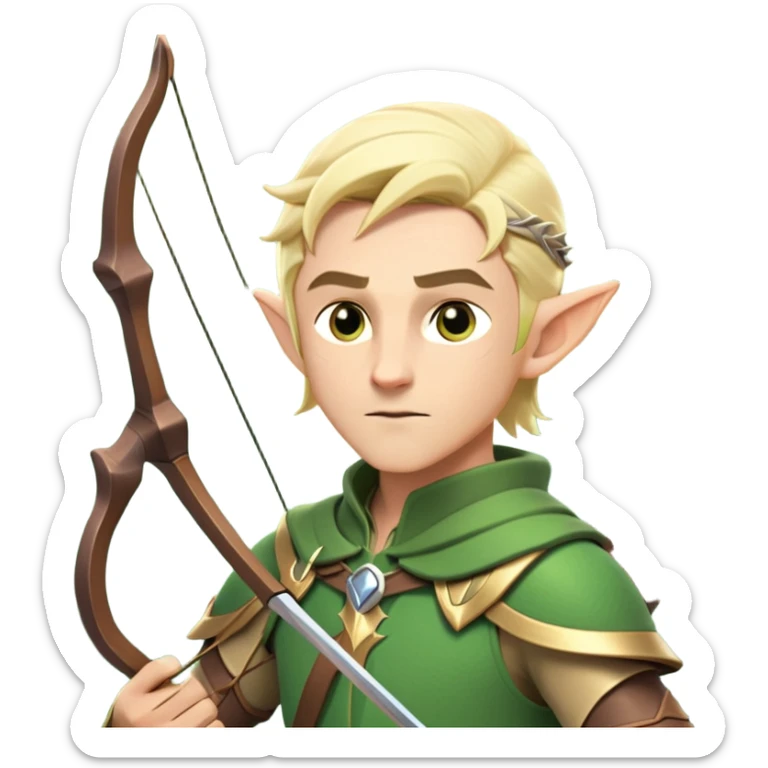 clash-of-clans-aesthetic-blond-male elf-archer-portrait-emoji, rendered in a flat, vector-style with minimal shading and bold holding his bow, simplified shapes, head tilted slightly forward with a determined, focused expression, riding a majestic stag whose antlers glow with mystical energy, set against an ancient, enchanted forest backdrop. sticker