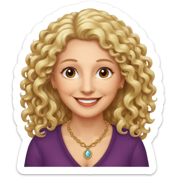 femme 60 ans cheveux blonds long très bouclés yeux marrons sourir sticker