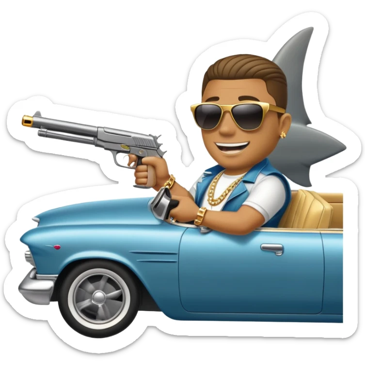 shark driving lowrider while holding a gun out the window and the shark has a gold chain sticker