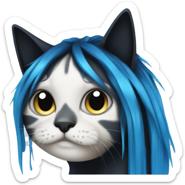 A cat with long black hair with blue hair strands and black tears dripping over the face sticker