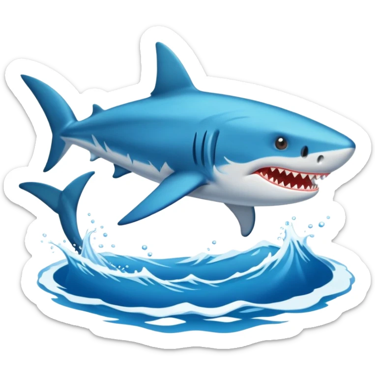 Tiburón en la arena ,de fondo el mar, el tiburón tiene zapatillas azules y está en dos patas  sticker