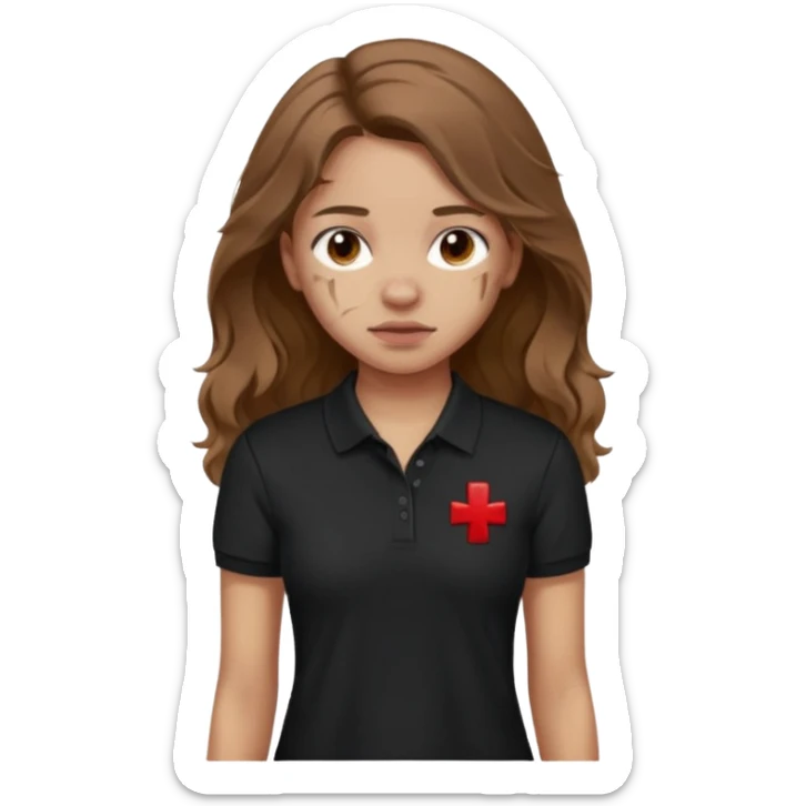 crie uma garota com ferimentos cabelo ondulado 2c longo castanho e blusa polo básica preta sticker