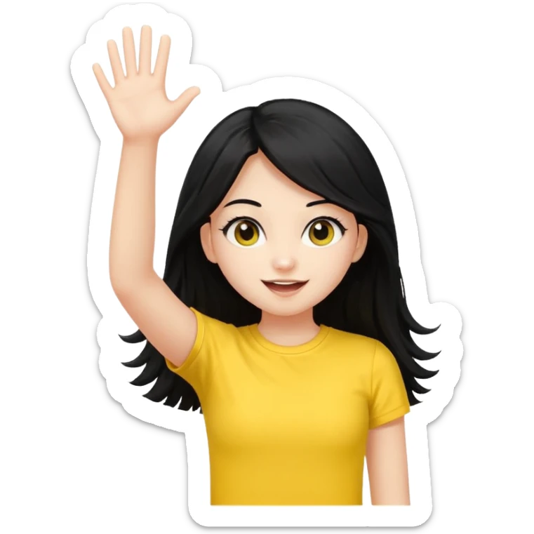 A long black hair teen girl waving pom-poms, eyes sparkling with excitement, yellow top sticker